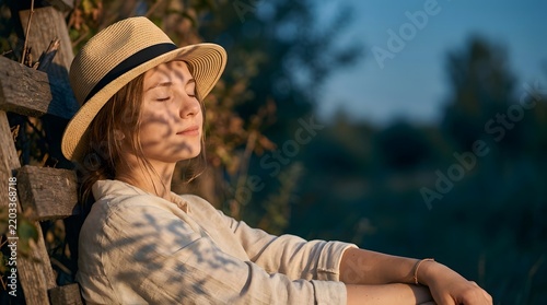 Peaceful woman in straw hat resting peacefully outdoors at twilight.