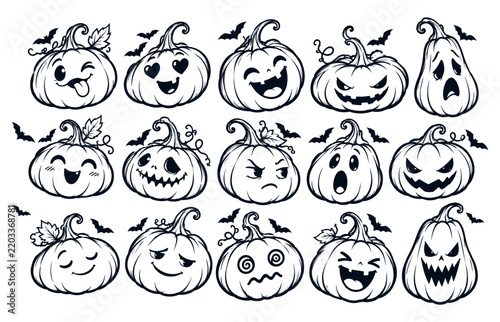 Hand Drawn Halloween Pumpkin and Jack O Lantern Character Vector Collection with Bats