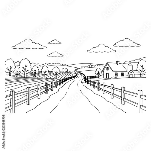 Rural road with wooden fence leading to countryside farmhouse