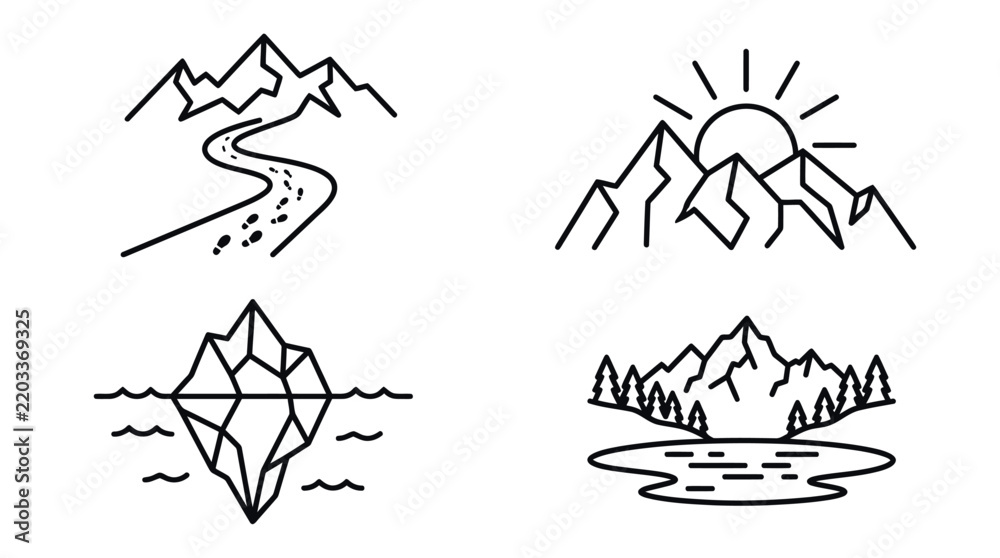 Fototapeta premium Nature and outdoor landscape line icons.