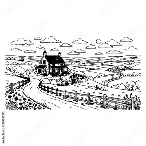 Rustic farmhouse surrounded by fields under a cloudy sky