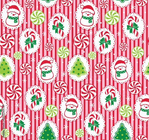 Seamless Christmas Candy Cane Snowman And Tree On Pink And red Tripes Background