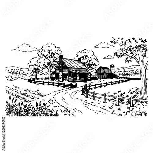 Rustic farmhouse with barn and fence in countryside