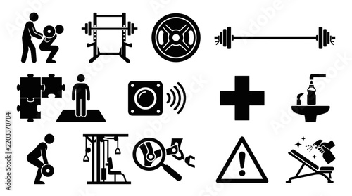 Vector icons for gym, fitness, and workouts, covering equipment, activities, safety, and hygiene, essential for a healthy and well-maintained exercise facility