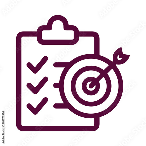 Minimalist business clipboard icon showing a completed checklist with a target symbol for strategic planning and goals transparent background