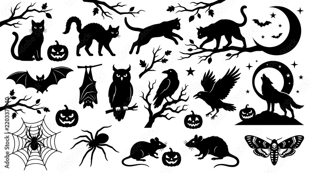Fototapeta premium Halloween and spooky creatures solid icon set containing icons for Black Cat Jack o lantern Bat Owl Raven Wolf Spider Web Rat Moth Moon and Tree branches for seasonal design projects