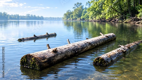 Floating wooden logs resting peacefully in calm natural lake water
