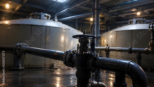 Industrial processing plant facility interior with heavy pipes and tanks

