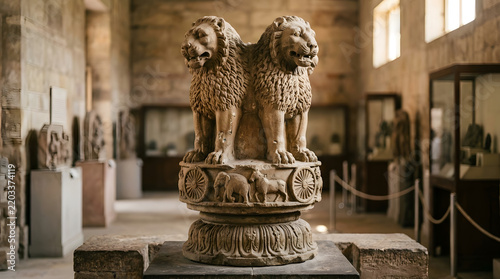 Ancient stone sculpture of the Lion Capital of Ashoka displayed inside a historic museum.