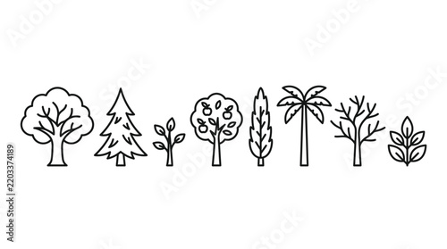 Minimalist line art illustration of various trees and plants for nature-themed greeting cards, posters, or eco-friendly