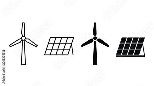 Renewable energy icons featuring wind turbines and solar panels for eco-friendly projects, sustainability campaigns