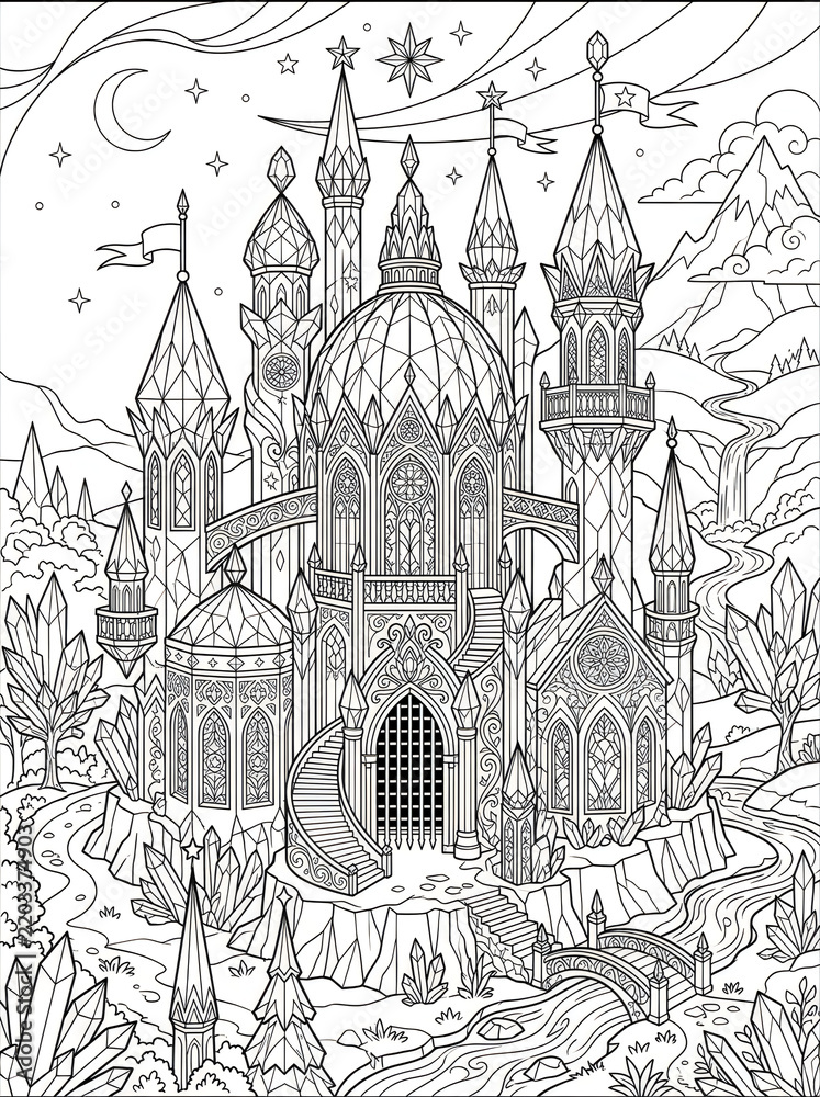 Fototapeta premium Intricate fantasy castle illustration featuring gothic architecture and crystal accents for fantasy book covers