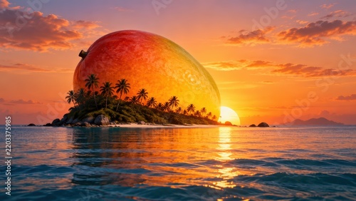 Surreal tropical island landscape featuring giant mango fruit sun rising above the calm ocean waves at golden hour sunset