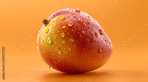 A ripe mango with water droplets rests against an orange background