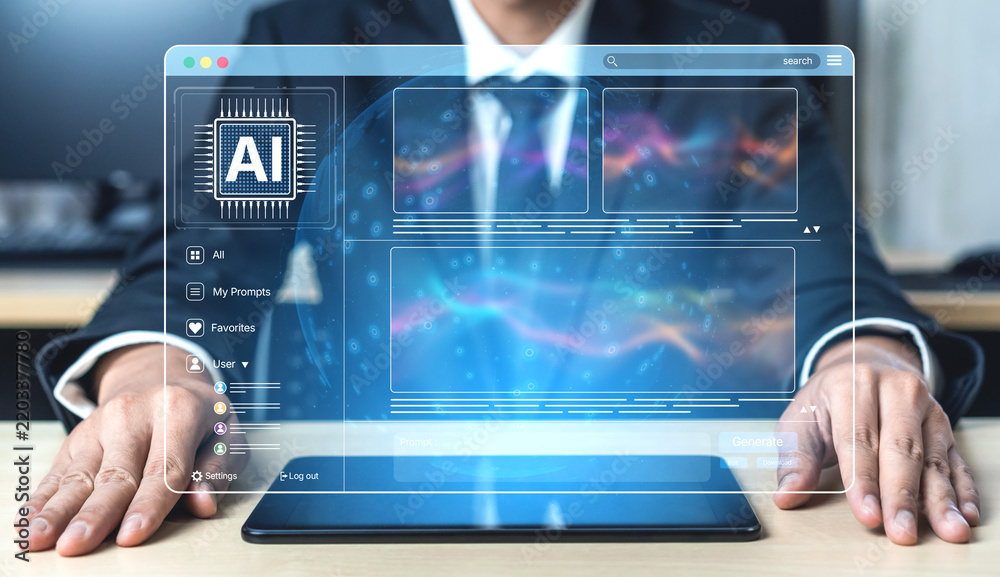 Obraz premium AI platform generating art images with dynamic interface. AI-generated content appears in image gallery artificial intelligence view. Genrative AI loading multiple image from AI design engine. Spline