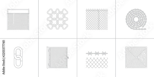 Collection of industrial security fencing and chain link elements in clean white line art style