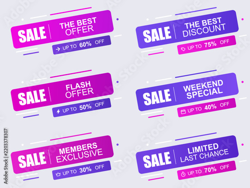 Set of six modern gradient sale promotion banners with percentage discount text labels on light background