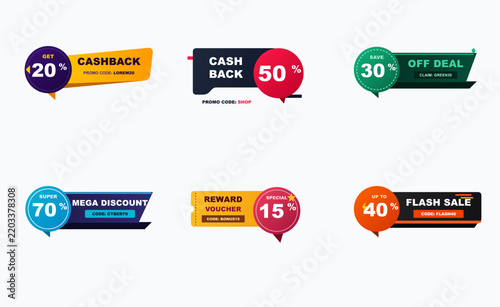 Set of six colorful promotional discount banners with percentage labels and promo codes for online sales