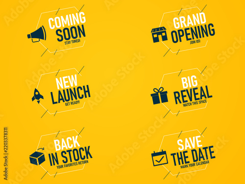 Set of six marketing promotional icons with text labels on a yellow background for business