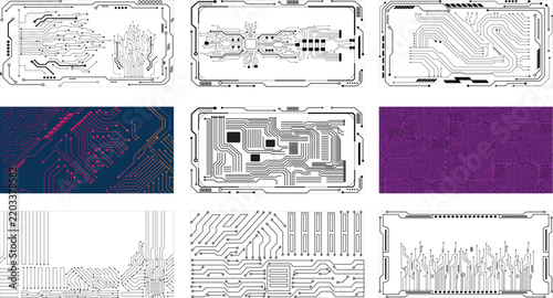 Collection of nine technology circuit board. Vector eps10