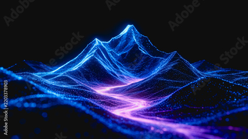 A futuristic abstract digital landscape featuring a glowing particle-made mountain range with neon blue and purple light waves.