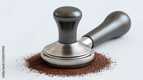 Stainless steel espresso coffee tamper rests on pile of ground coffee