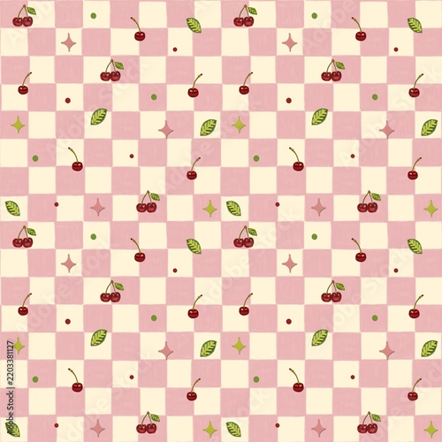Red cherries on pink checkerboard seamless pattern
