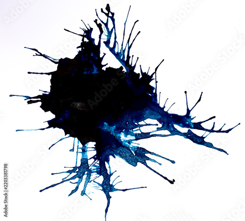 Art ink image of navy blue  ink splash strokes, ink drops spray create with grunge texture on white background.