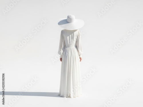 Woman in long white lace dress and wide brim hat standing