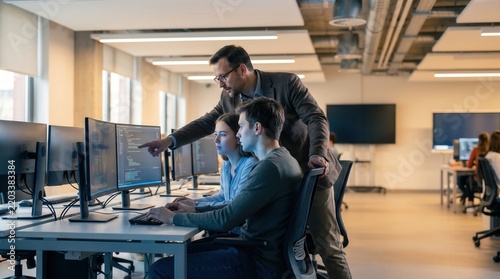 Professional male mentor pointing at code on a computer monitor for young software developers in a modern office lab, capturing collaborative learning for IT training and career development.