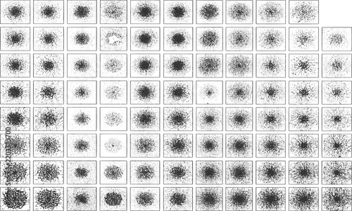 Collection of hand drawn stippling gradients and ink splatter dot texture swatches monochrome vector illustration