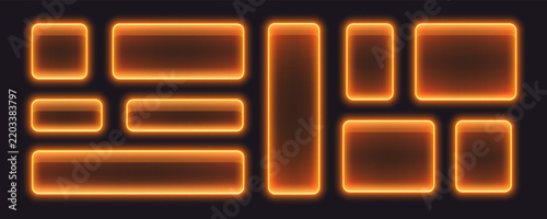 Glossy neon buttons, glowing glass banners in orange color. Transparent rectangular frames with LED light. Futuristic tech boxes for user interface. Vector illustration shapes.