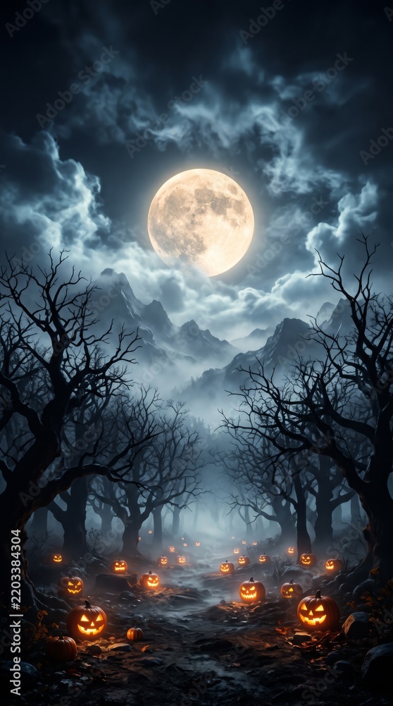Obraz premium Eerie Halloween landscape with glowing pumpkins under a full moon