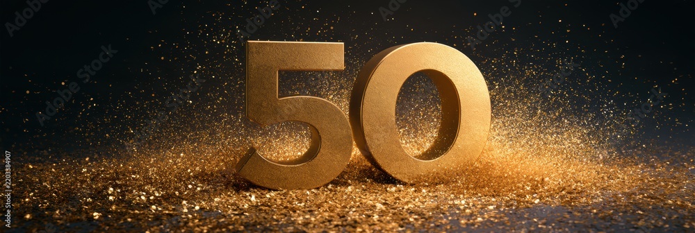 Fototapeta premium A golden number 50 is surrounded by sparkles, signifying a companys 50th anniversary in a corporate environment.