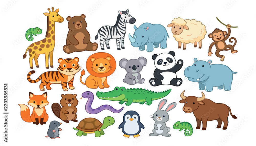 Obraz premium Cute cartoon wild and farm animal vector illustrations set including giraffe tiger lion panda and bear