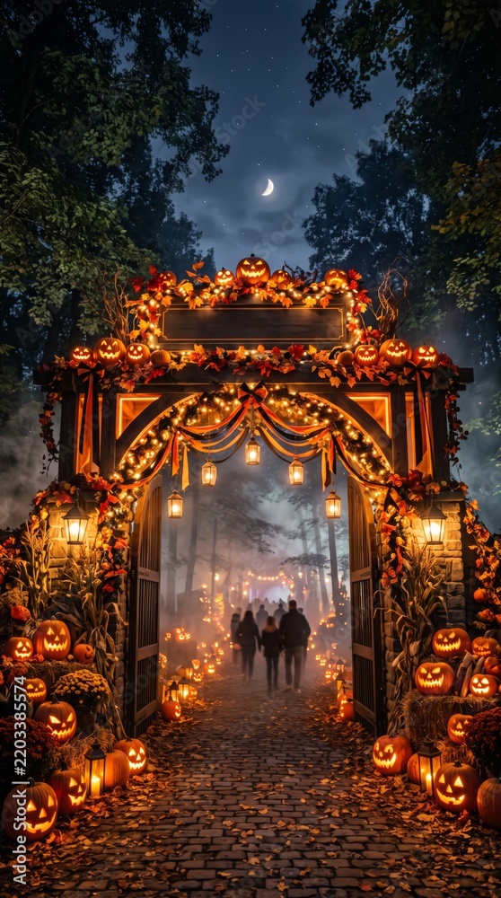 Fototapeta premium People walking through a decorated Halloween archway at night
