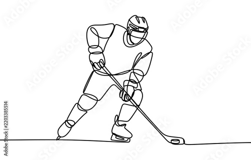 Continuous single line drawing of an ice hockey player skating with a stick and puck