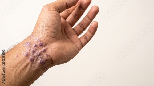 Cutaneous lichen planus showing violaceous polygonal pruritic papules and rash on male wrist