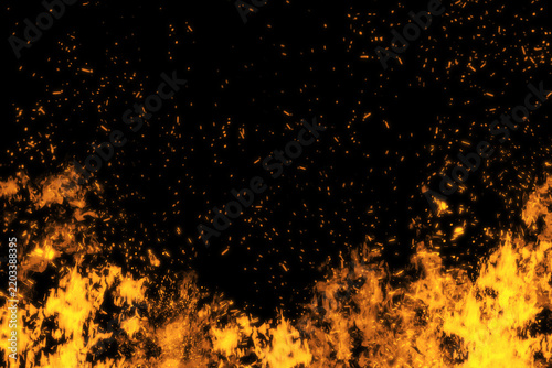 Fiery orange ember and smoke particle background collection featuring glowing sparks, floating ash, dense fire clouds and dramatic orange illumination against a deep black background, ideal for cinema