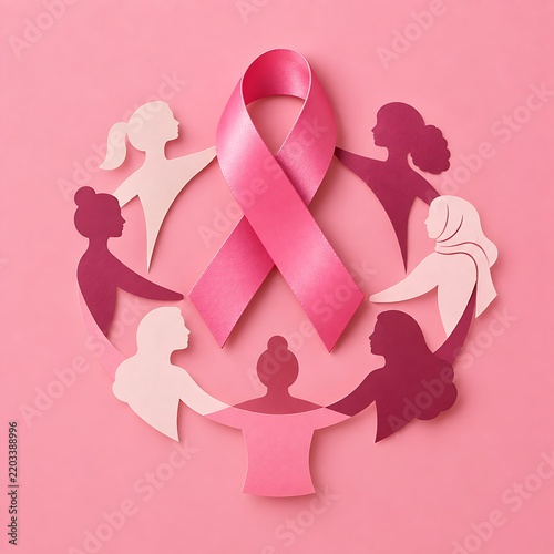 Pink ribbon symbol of breast cancer awareness surrounded by paper cutouts of women holding hands with awareness community solidarity survivor togetherness