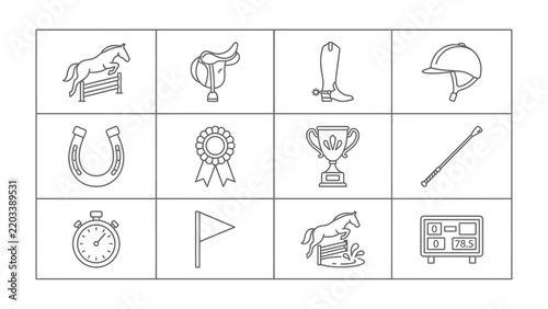Equestrian Icons Collection: A comprehensive set of line art icons representing various elements of equestrian sports, including horses, saddles, helmets, trophies, and more.
