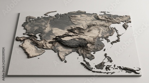 Metallic Grey 3D Topographic Relief Map of Asia Continent Elevation
