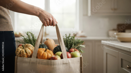 Thanksgiving lifestyle with reusable grocery bag filled with pumpkins, apples, herbs and seasonal produce in bright home kitchen