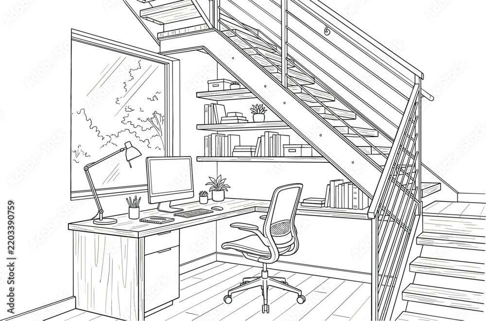 Fototapeta premium Cozy home office workspace setup under a modern staircase with corner desk monitor lamp shelves vector sketch