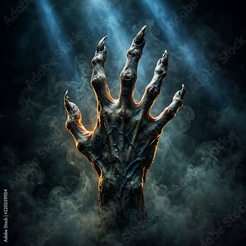 Cinematic horror scene showing a ghostly weathered hand with pale, gnarled fingers and long, sharp claw-like nails reaching through mist, amber rim light against cold blue beams in the background