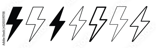 Lightning icon set featuring electric power, energy symbols, voltage signs, thunderbolts, and dynamic vector illustrations