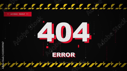 Brutalist 404 error animation featuring binary code rain, yellow and black hazard stripes, access fault warning, massive 404 typography, ERROR message and HTTP resource not found subtitle. The 404 num