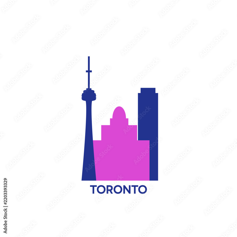 Obraz premium Toronto cityscape, skyline, panoramic vector logo, icon, clipart. Canada city emblem contour with landmarks and buildings silhouettes