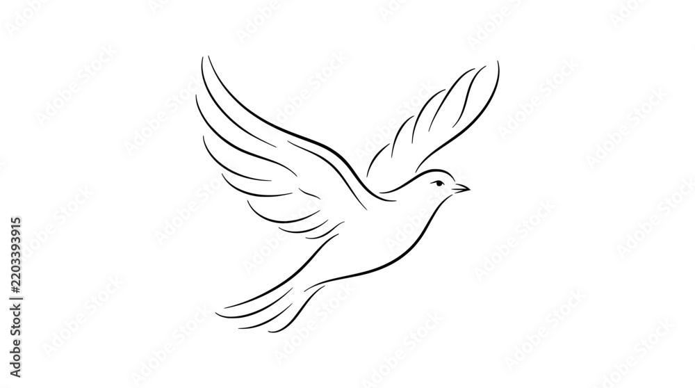 Fototapeta premium Minimalist black outline vector illustration of a dove bird flying with silhouette