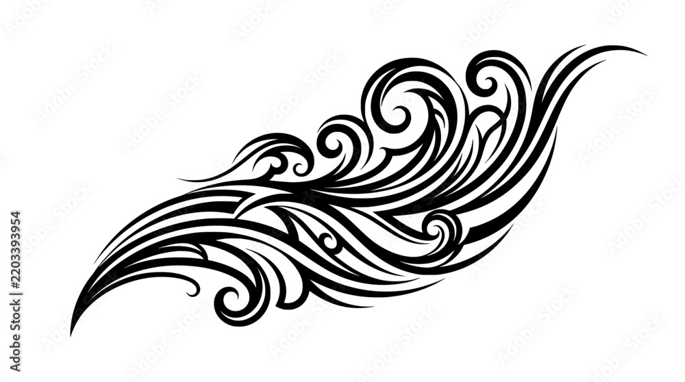 Fototapeta premium Ornate black tribal swirl design with flowing wave curves decorative monochrome illustration